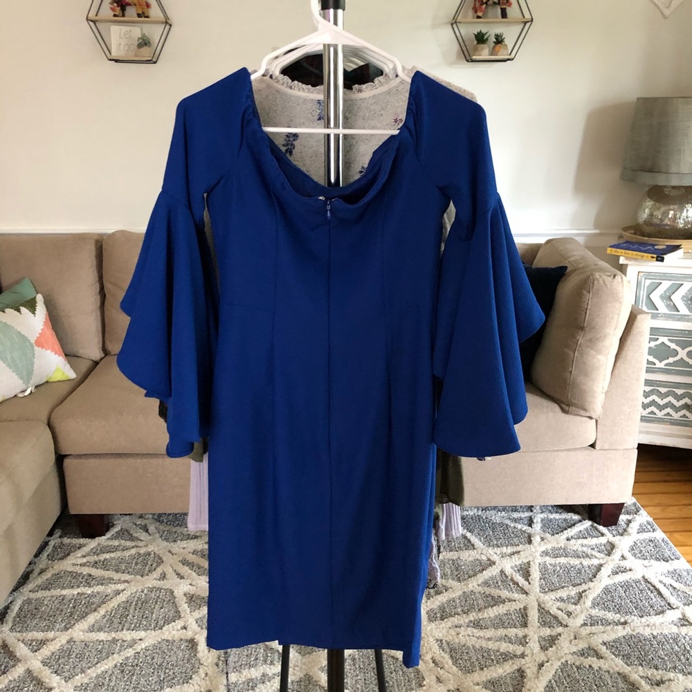 Venus Blue Off The Shoulder Ruffle Sleeve Dress - Picture 6 of 7